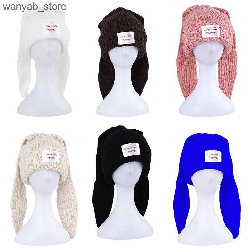 Wide Brim Hats Bucket Hats Cute Rabbit Long Ear Hat Knitted Hat Warm Cap Knit Letter Cap Unisex Cap Beanie Long Ear Hat Crochet Knitted Bunny Hat L240