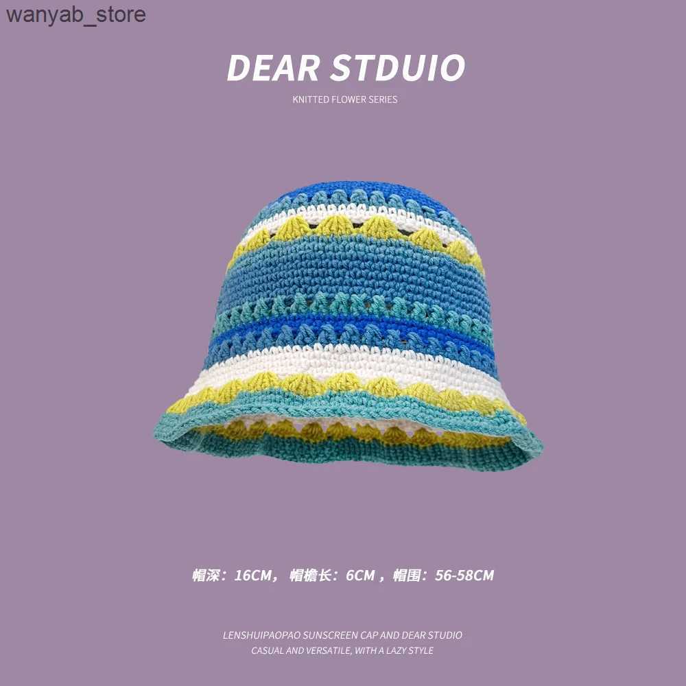 Wide Brim Hats Bucket Hats Japanese Hollow Flower Crochet Bucket Hat Bikini Knit Fisherman Hat for Women Autumn Winter Sweet Wool Beanies L240910