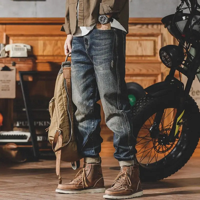 Mens Jeans Motorcycle Trousers Tapered Man Cowboy Pants Stretch Elastic Goth Korean Fashion Summer Denim Aesthetic Style 241024