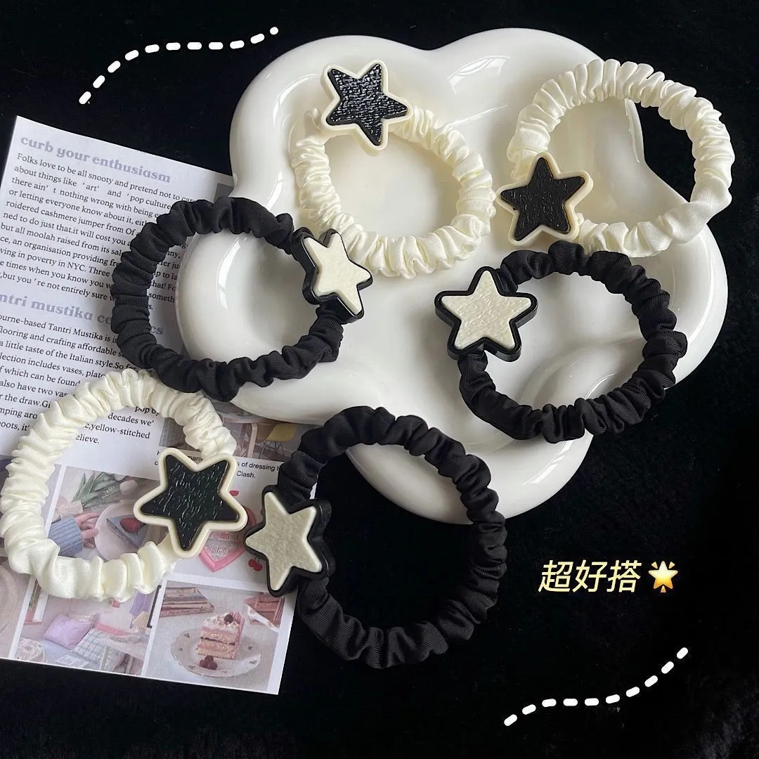 Headband Black and white stars sweet and cool hair rings Korean Girls Cartoon Harajuku Wind Five pointed Star Versatile ponytail hair rope headwear