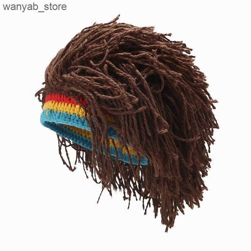 Wide Brim Hats Bucket Hats Rasta Wig Beanie Men Hip Hop Caps Woolen Handmade Crochet Hat Gorro Halloween Xmas Birthday Gifts Funny Party braid Wig L24