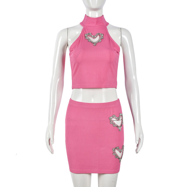 9612SD Nazada Love Water Diamond Hollow Out Belly Hot Girl Vest Short Skirt Fashion Casual Set for Women 220602