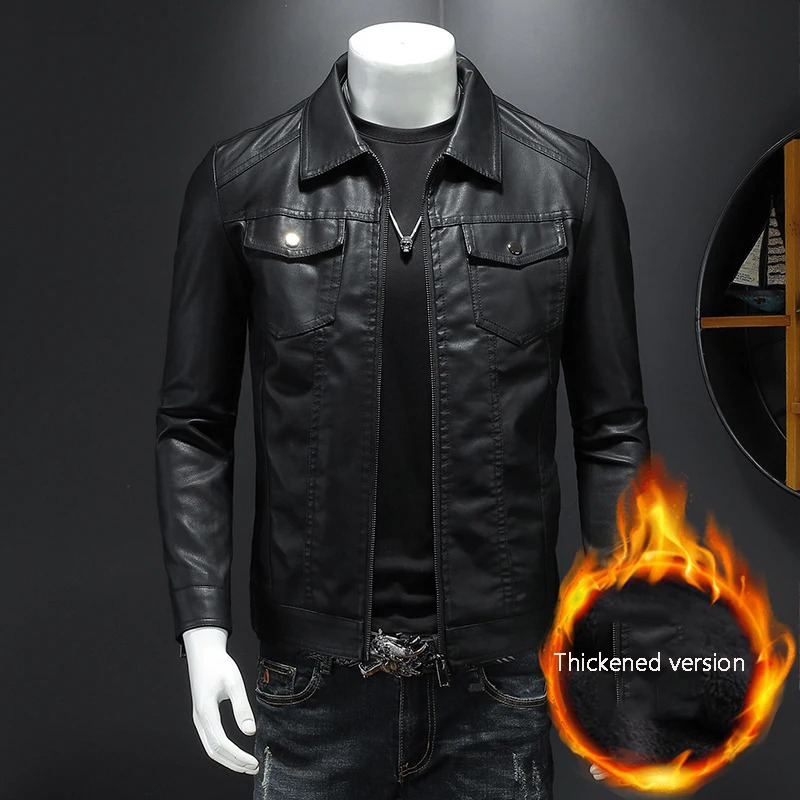 Mens lapel leather jacket autumn oversized slim motorcycle riding suit winter thickened PU waterproof work clothes 241031
