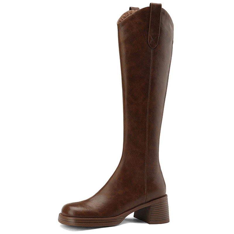 Leather Genuine Tall Women Thick Heels Knee High Boots Autumn Winter Warm Ladies Long Shoes Black Elegant Designer