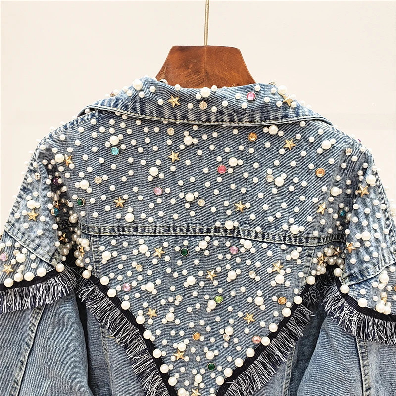 Autumn Fashion Heavy Work Beading Wash Denim Jacket Women Loose Short Denim Coats Studded Black Blue Jeans Jacket Streetwear 241031