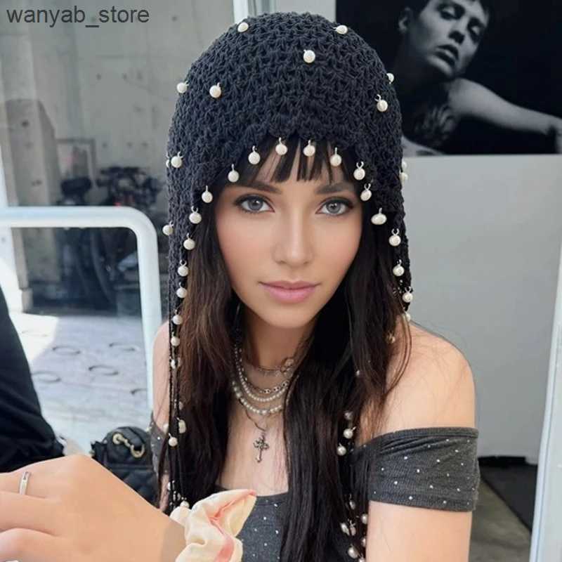 Wide Brim Hats Bucket Hats Womens Handmade Crochet Hollow Pearl Tassel Pullover Hat Retro Ethnic Style Literary Princess Hat Sexy Hot Girl Decorative 
