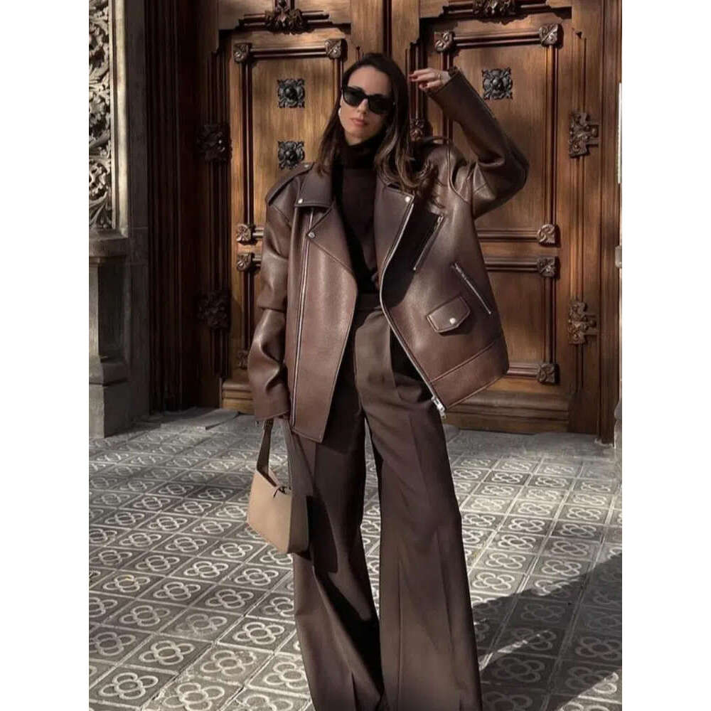 Designer Street PU Leather With Collar Long Sleeve Zipper Fashion Jacket, New Motorcycle Casual Loose Women's S M L XL 2Xl Jacket