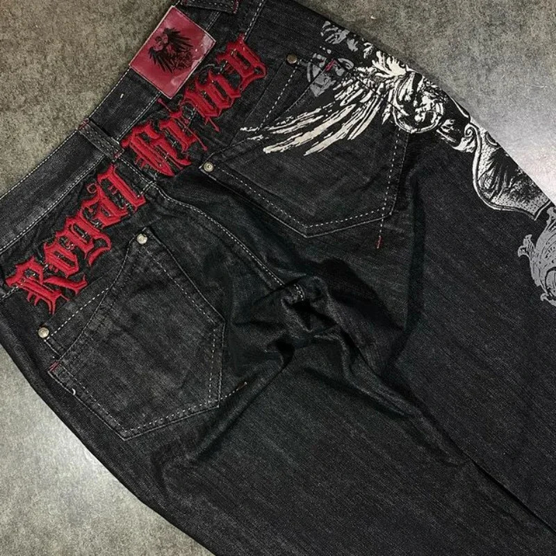Streetwear Y2K Jeans Harajuku Hip Hop Retro Graphic Embroidered Baggy Jeans Black Pants Men Women Gothic High Waist Wide Trouser 240319