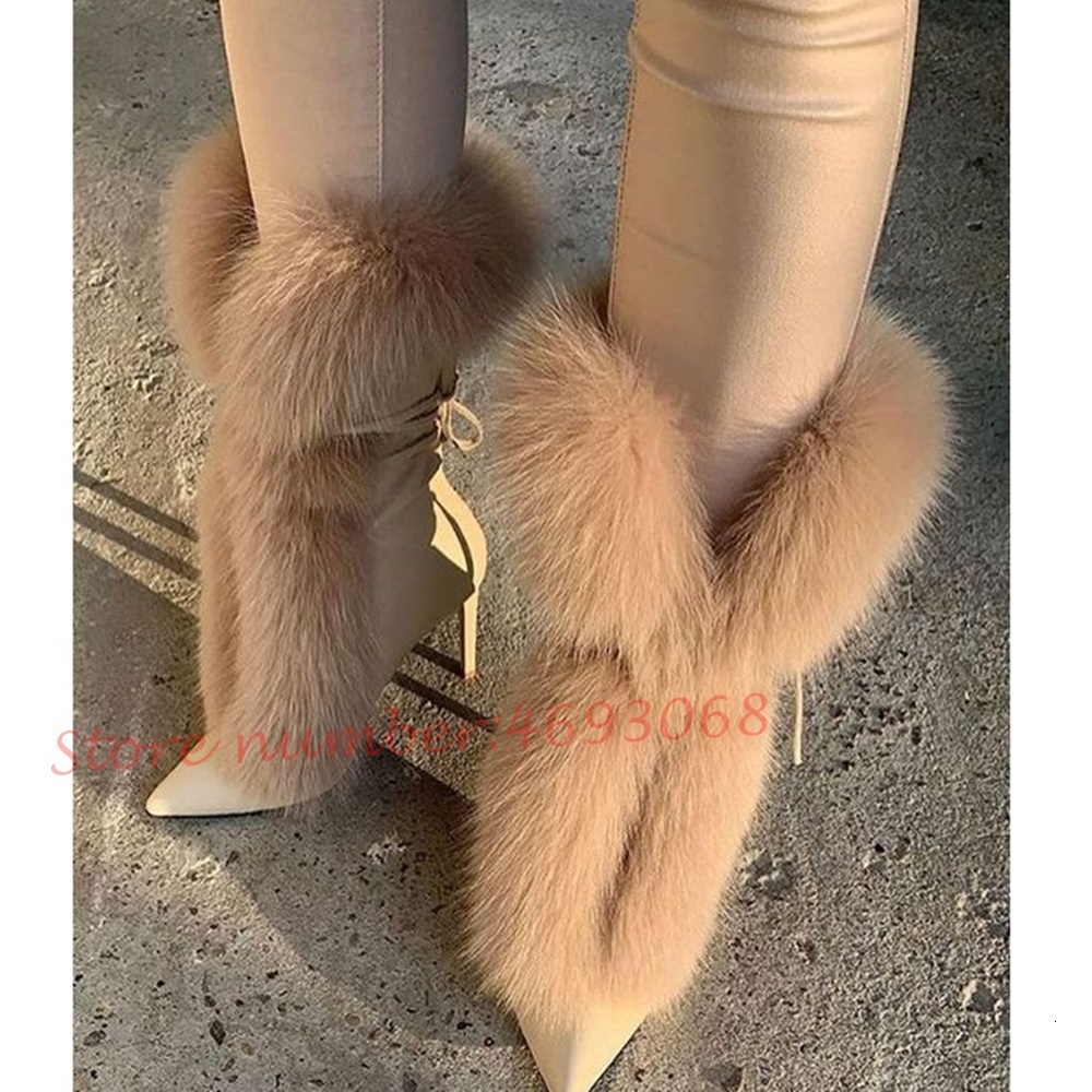 Fluff Pointy Women Ankle Newest White Fur High Stiletto Heels Lace-Up Short Boots Female Slip On Fashion Shoes 241110