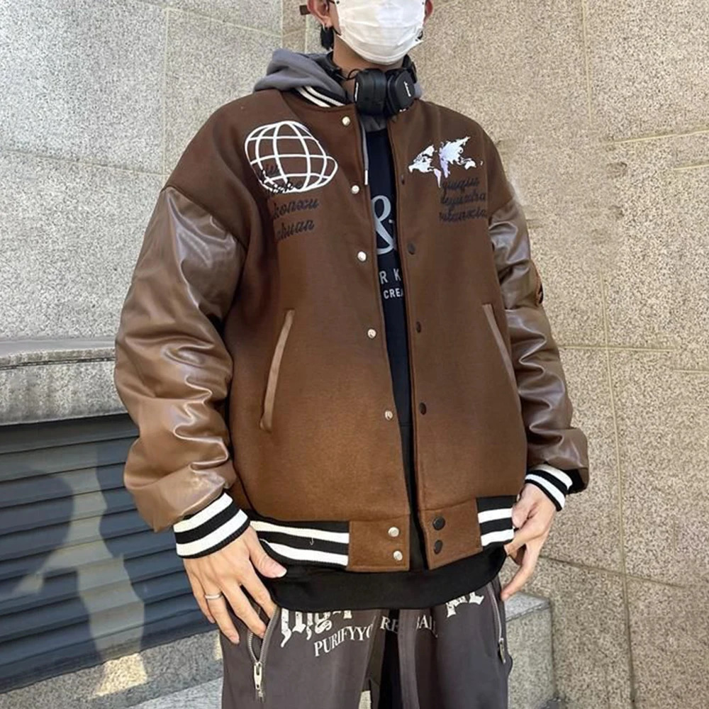 Autumn/Winter American Retro Baseball Jacket Mens Letter Global Embroidered Patch Work Casual Leather Jacket Pilot Loose Jacket 241031