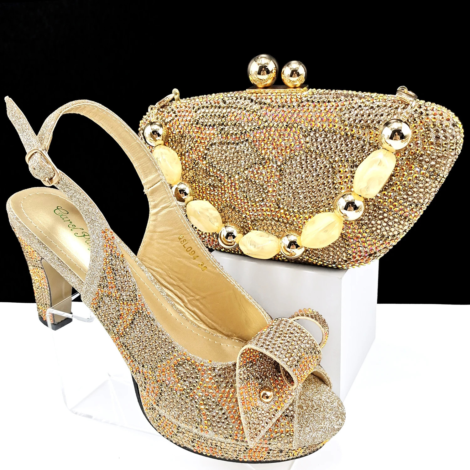 Gold Pointed Toe High Heels for Women Mixed Rhies Pumps Italian Shoes and Bags Matching Set For Elegant Party 38-43 250228