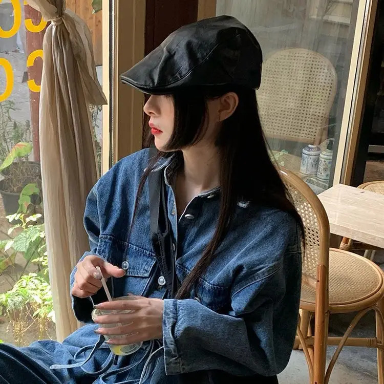 Leather Hat Black Beret Female Summer Personality Retro British Backward Forward Cap Autumn Winter Painter Outdoor Fashion M548 241031