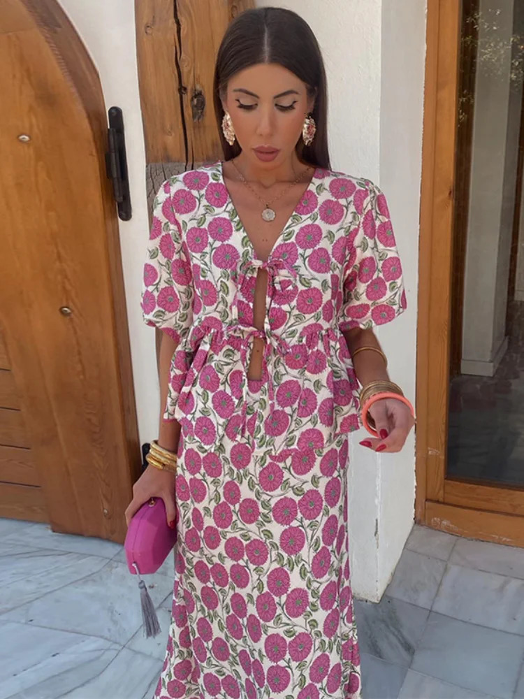 Fashion Floral Midi Skirt Sets Women Hollow Bow Lantern Short Sleeve Top High Wigh Female Suit Summer Holiday Lady Set 240329