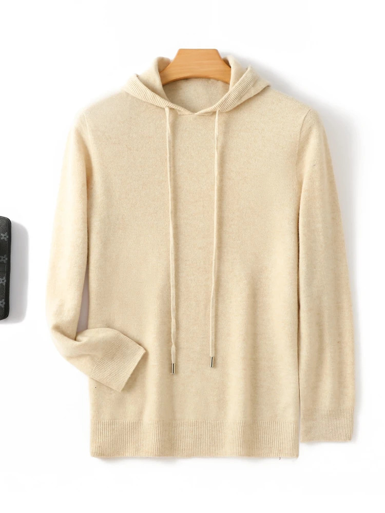 Spring Autumn Men Hooded Pullover Basic Style Cashmere Sweater 100% Merino Wool Knitted Solid Color Warm Casual Knitwear Tops 241031