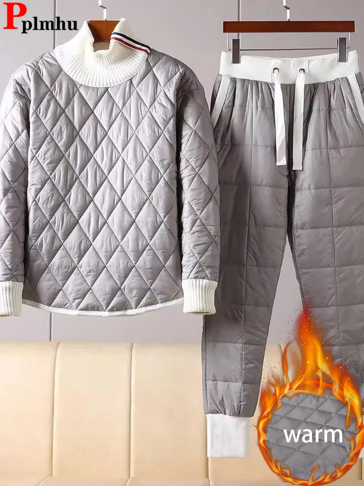 Winter Warm Cotton Padded 2 Pieces Set Turtleneck Thicken Tops Conjuntos Korean Casual High Waist Harem Pants Tracksuit 241031