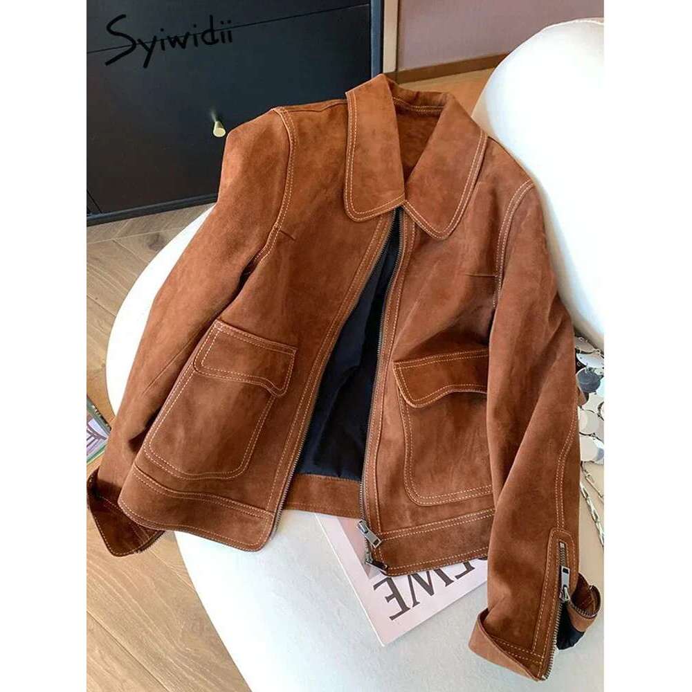Syiwidii Jackets For Women Pocket Long Sleeve Turn-Down Collar Casual Coat Autumn New Fashion Zipper Female Jacket