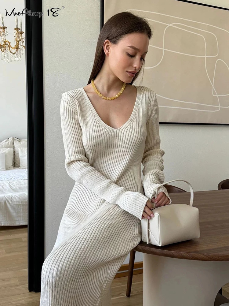 Mnealways18 V-Neck Elegant Women Ribbed Knitted Dress Autumn Winter 2024 Long Sleeves Ankle-Length Office Ladies Dress Bodycon 241031