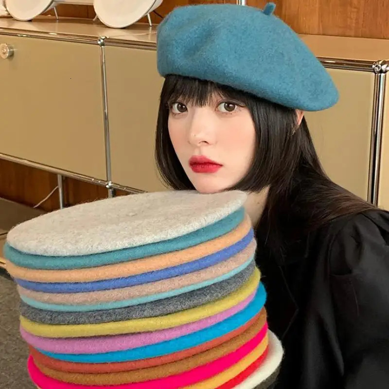 Wool Beret Hat For Women Autumn Winter Retro British Candy Colored Solid Soft Berets Flat Vintage Painter Cap Casual Keep Warm 241031