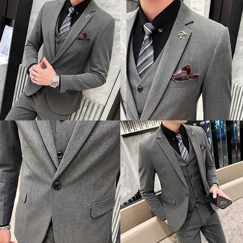 S-5Xl Jacket Vest Pants Boutique Solid Color Casual Business Office Slim Mens Suit Groom Wedding Gown Blazer Waist Coat Trousers
