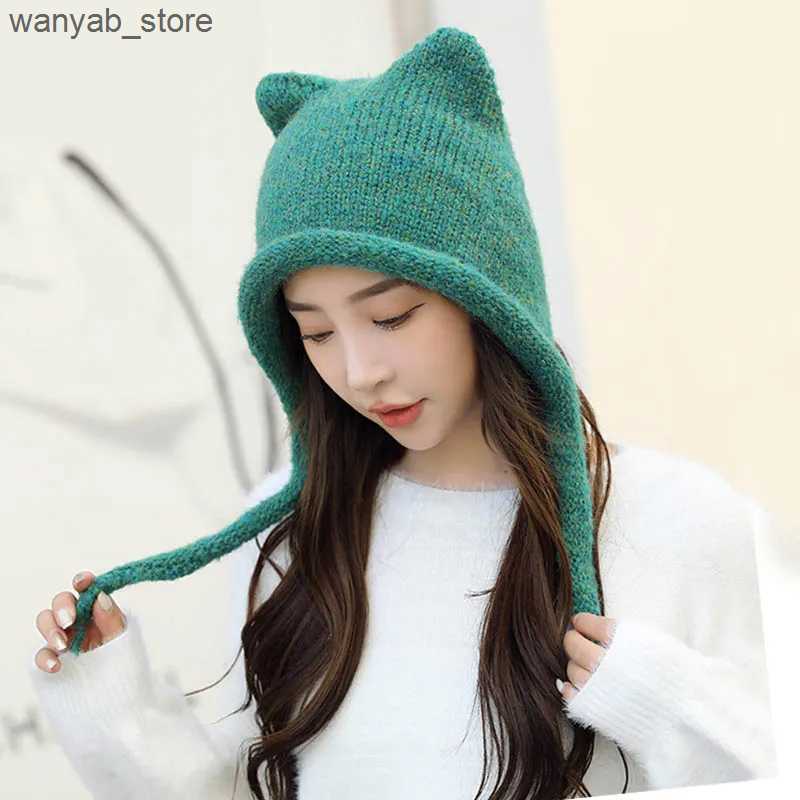 Wide Brim Hats Bucket Hats Women winter Beanies Cute Warm Hat Solid Knitting Cap Ear-protected Skullies Female Sweat Hat With Cat-ears L240910