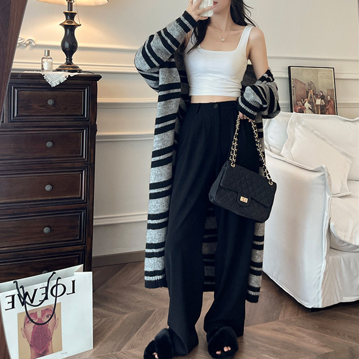 Striped Sweater Jacket In Autumn Winter Loose And Lazy Style Casual Mid To Long Knitted Cardigan For Women F1101#39