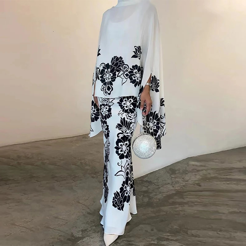 High Fashion Commuting Satin Set Elegant Batwing Sleeve Tops Blouse Slim Long Skirt Outfits Women Casual Loose Two Piece Suits 241031