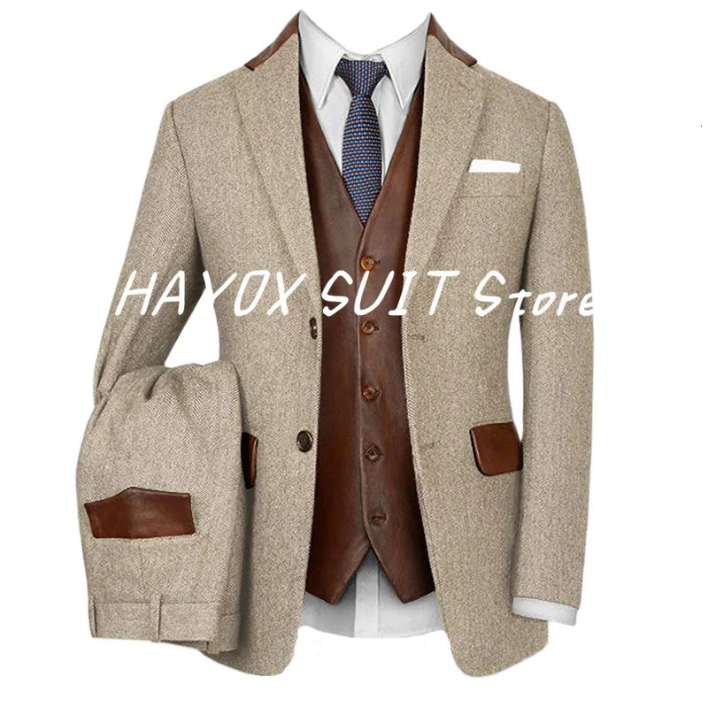 2024 Mens Suits Vintage Light Beige Tweed Slim Fit Single Breasted Suit Two Piece For Wedding Herringbone Dresses 241024