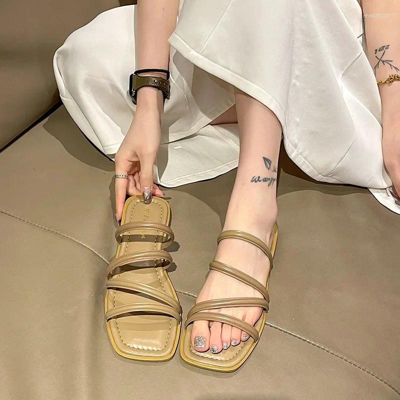 Sandals Korean Style Fashionable Square Toe Versatile Slippers Lazy Summer Large Size Flat For Women zhanyishengli