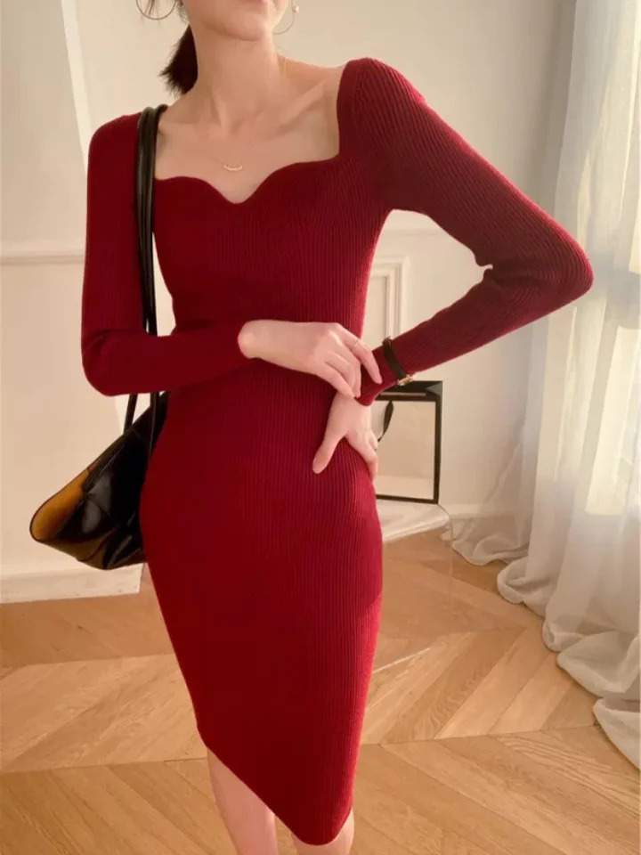Vintage Harajuku Slim Sweater Dres Autumn Winter Long Sleeve Bodycon Knitted Midi Dresses Party Evening Club Female 241031
