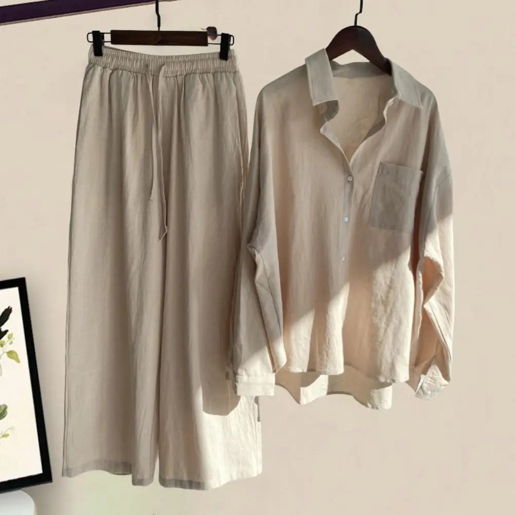 2 PcsSet Fabulous Women Blouse Trousers Set Turndown Collar Tops Pants Suit Drawstring Two Pieces 240329