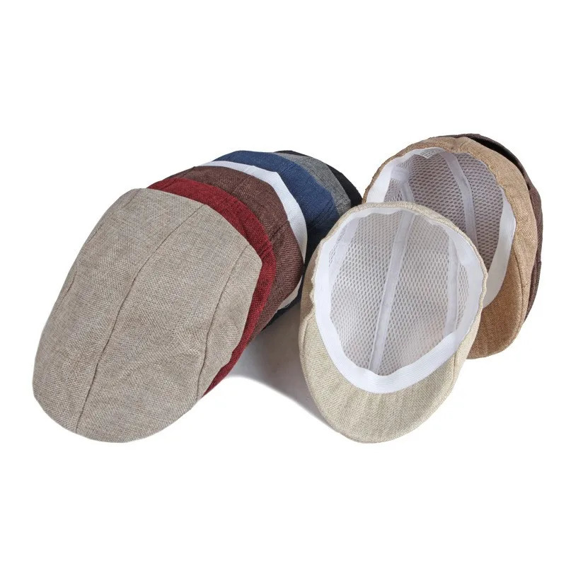 Spring and summer mens solid color hat hemp beret British retro breathable for the elderly 241031