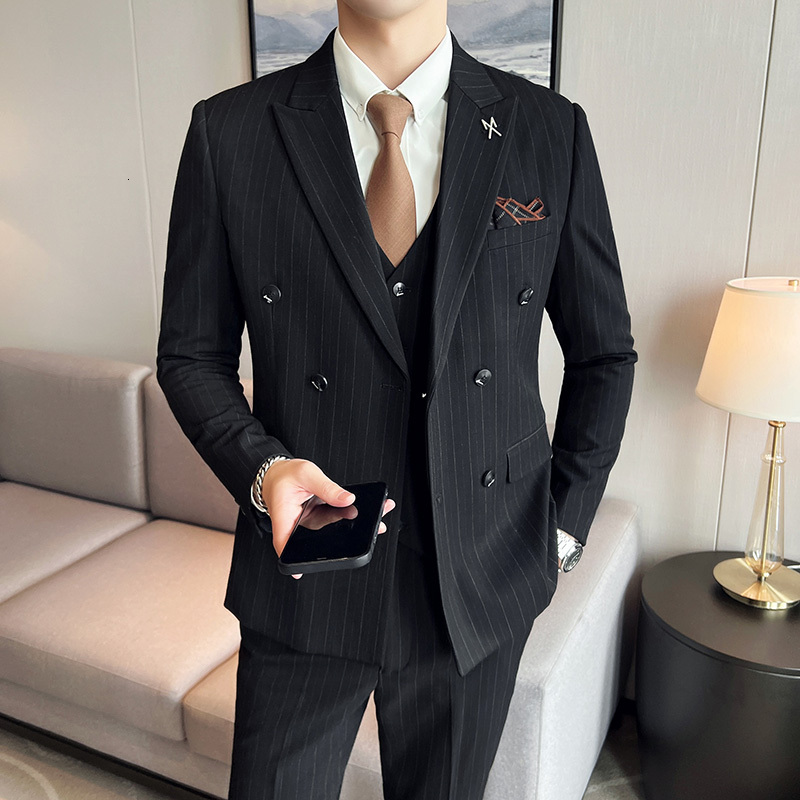 (Jacket Vest + Pants) Brand Boutique Striped Thick Mens Slim Casual Business Double-Breasted Suit 3Pcs Set Groom Wedding Dress