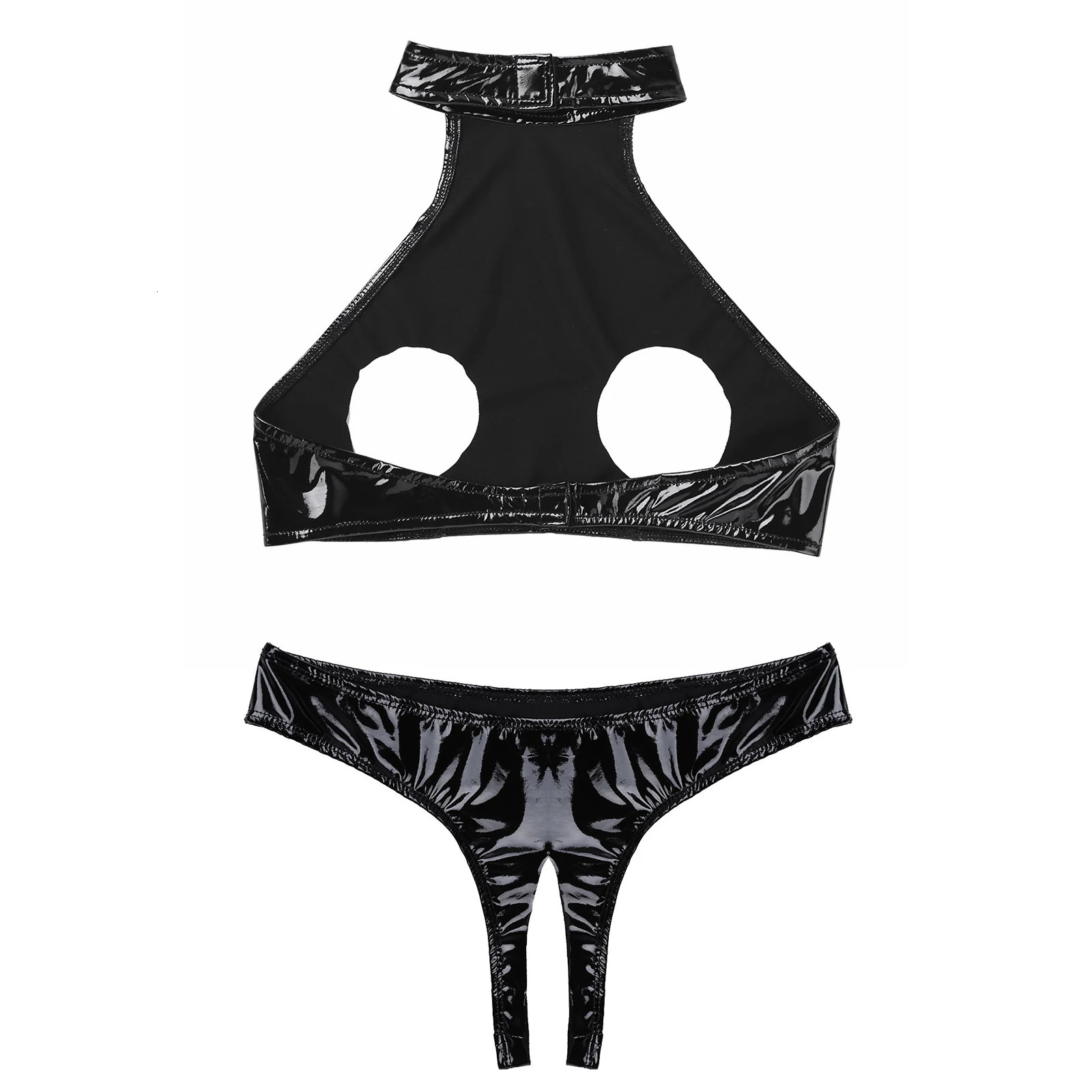 Womens Sexy Bare Chested Lingerie Set Patent Leather Underwear Suit Open Cups Bra Tops with Crotchless Briefs Nightwear Clubwear 241031