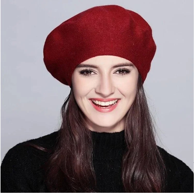 Women Berets Fashion Solid Color Wool Knitted With Ladies French Artist Beanie Warm cap in autumn and winter female hat 241031