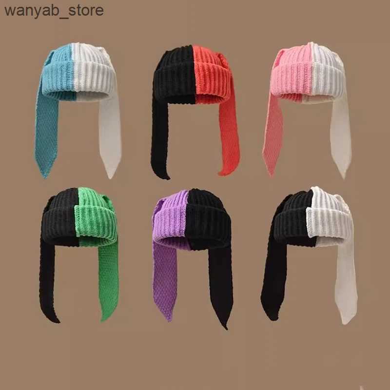 Wide Brim Hats Bucket Hats 24 new color blocked knitted long rabbit ear hat for womens autumn and winter cute big head circumference contrasting yarn 