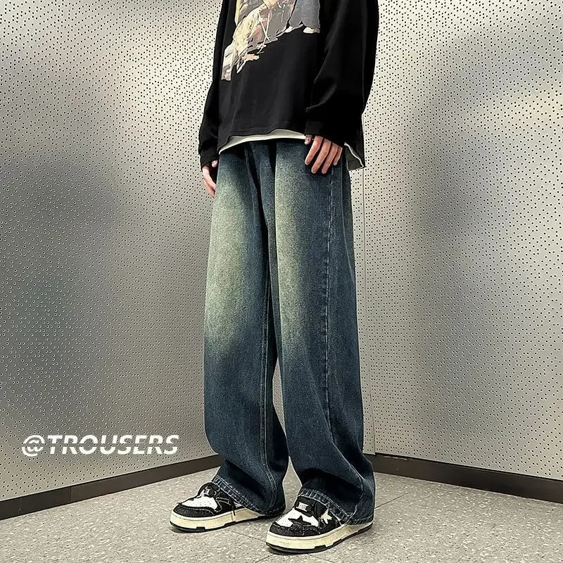 Vintage Mens Jeans Loose Fit Distressed Oversize American Style Casual Draped Wide Leg Dragged Pants Trendy 241024