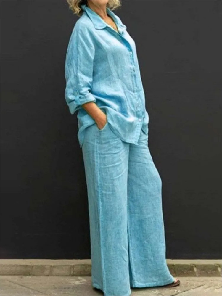 Solid Cotton Linen Shirt Pants Suits Elegant 2 Piece Set For Women Spring Autumn Long Sleeve Top Wide Leg Casual Outfits Femme 241031