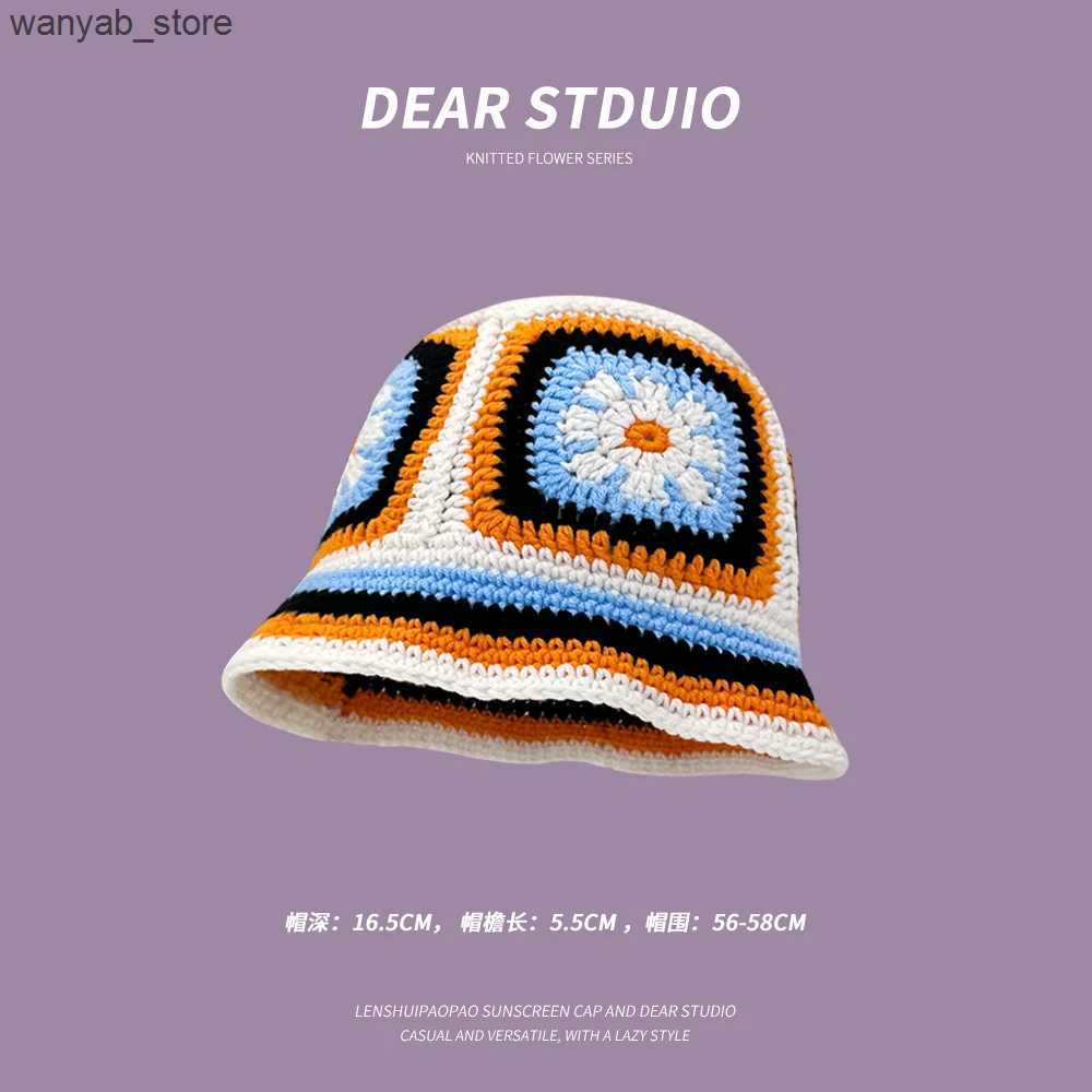 Wide Brim Hats Bucket Hats Japanese Hollow Flower Crochet Bucket Hat Bikini Knit Fisherman Hat for Women Autumn Winter Sweet Wool Beanies L240910