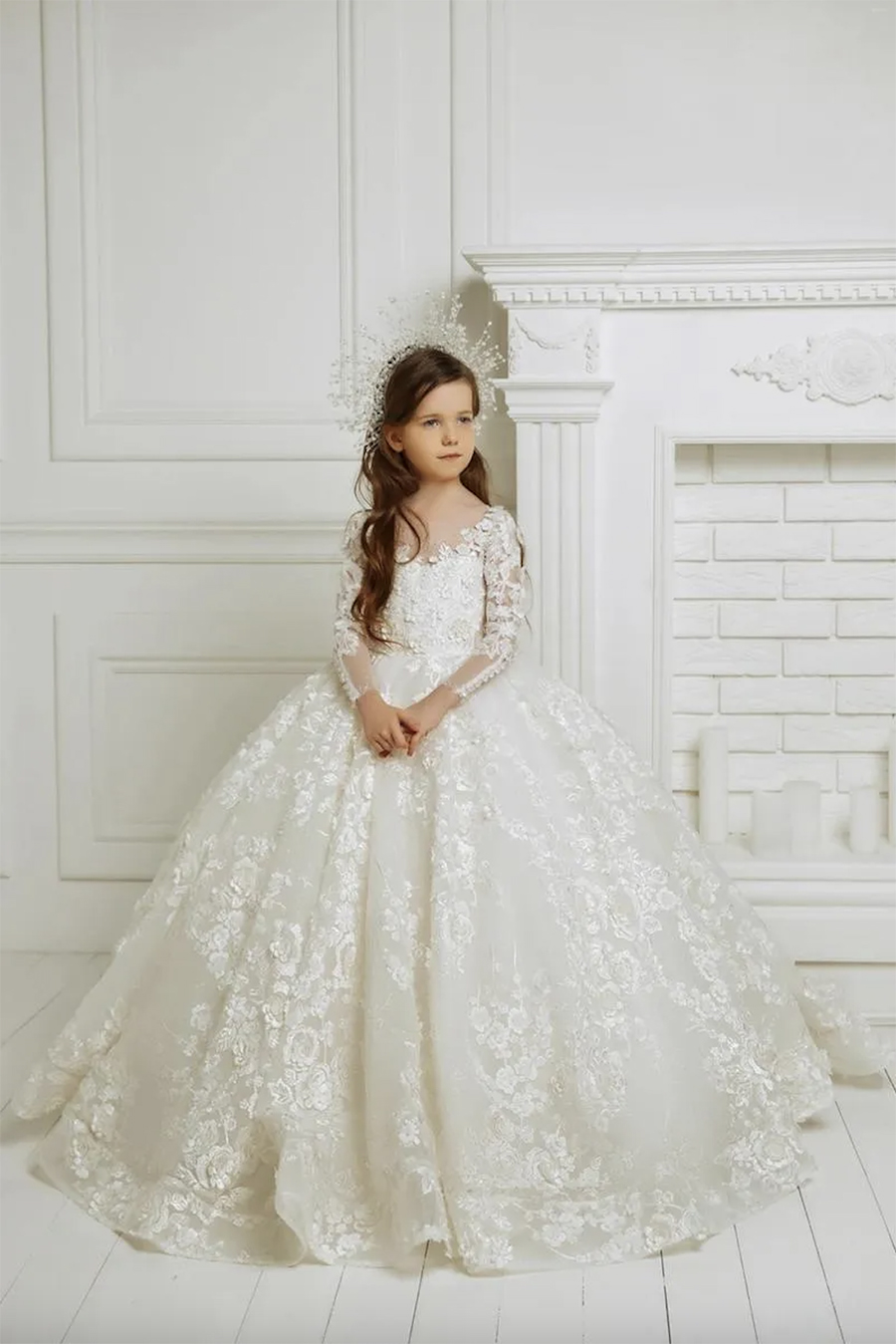 Girls Dresses Ivory Long Sleeve Lace Flower For Weddings Princess First Communion Evening Party Birthday Pageant Prom Ball Gowns 0431