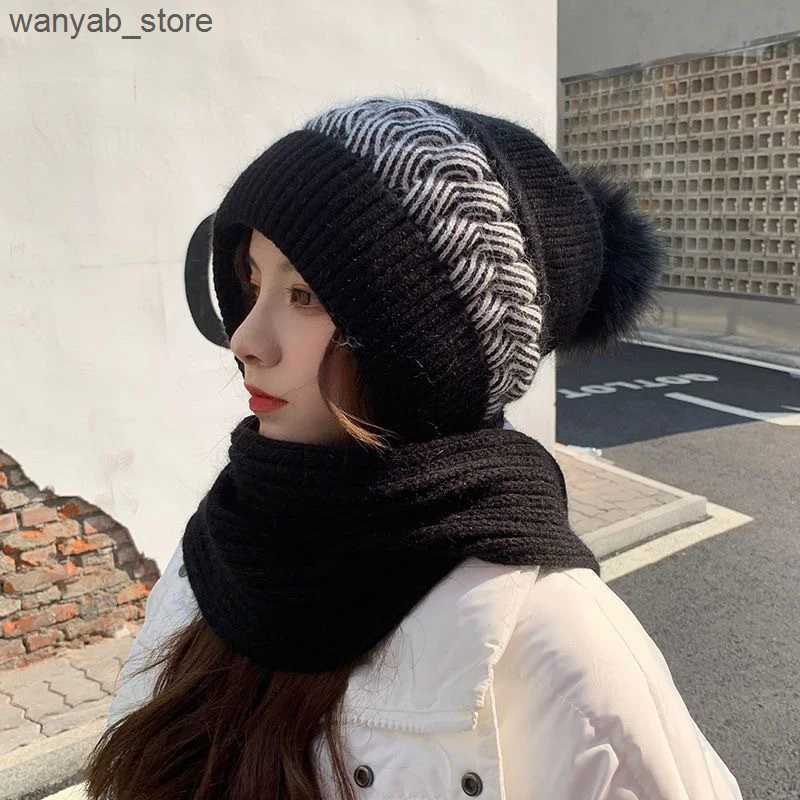 Wide Brim Hats Bucket Hats Scarf One Piece Hat Women Winter Cycling Windproof Woolen Hat outdoor Thickened Knitted Hooded Cap Shawl hats neck warmer b