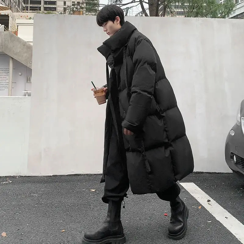 Mens Mid-length Winter Coat Down Cotton Coats Stand Collar Long Sleeves Black Single-breasted Extra Long Over-the-knee Parkas 241031
