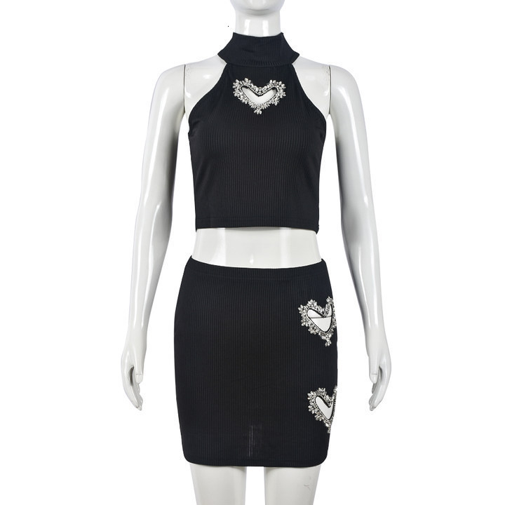 9612SD Nazada Love Water Diamond Hollow Out Belly Hot Girl Vest Short Skirt Fashion Casual Set for Women 220602