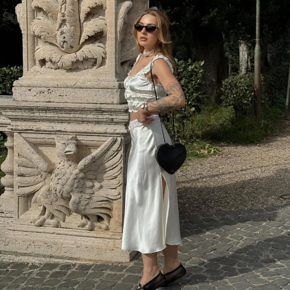 PB ZA Spring Womens Fashion and Temperament Layered Decoration Silk Satin Texture TopHalf Skirt Set 240319