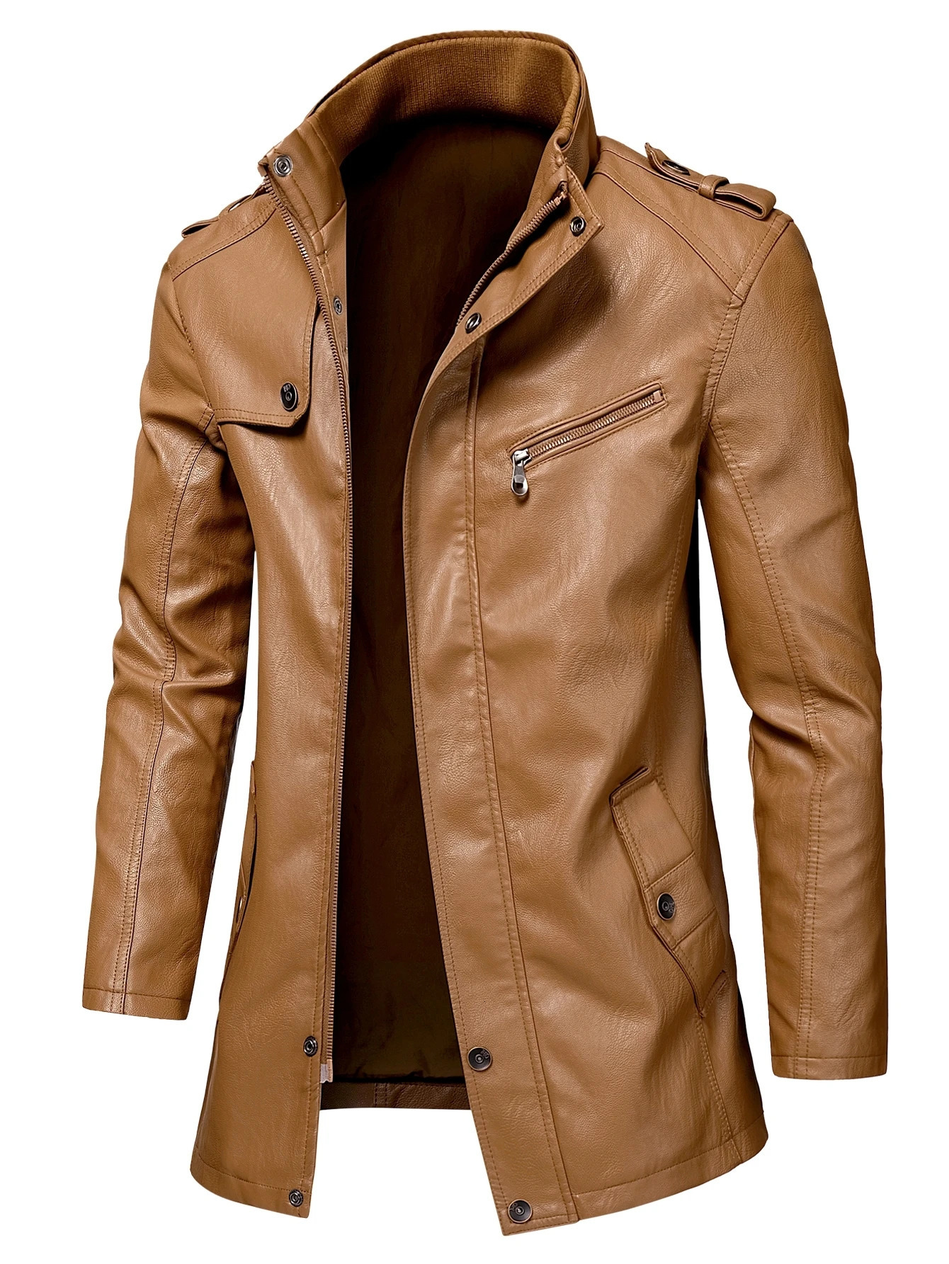 Oumor Men Autumn Fashion Long Warm Pocket Leather Jacket Coat Winter Casual England Style Vintage Parkas 241031