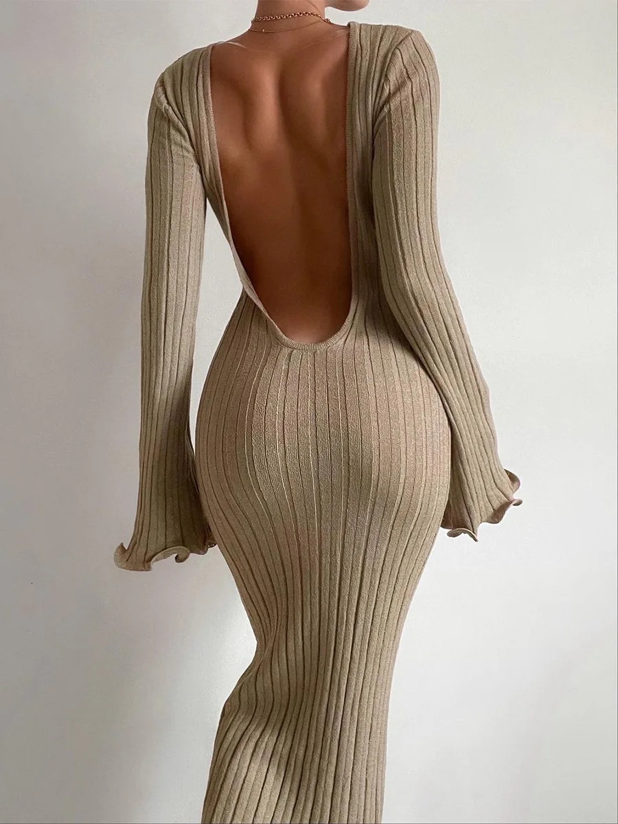 Autumn Sexy Hip Hugging Womens Ruffled Long Sleeved Knitted Dress 241031