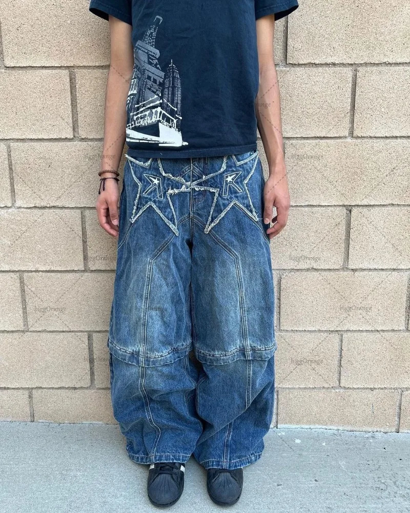 2024 Trendy Streetwear Trousers American Retro Embroidered Washed Distressed Baggy Jeans Men Gothic Punk Wide-leg Straight Pants 241031