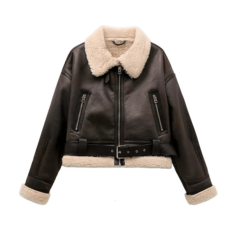 ZVRI 2023 Womans Fashion Thick Warm Faux Shearling Jacket Coat Vintage Long Sleeve Belt Hem Female Outerw 241024