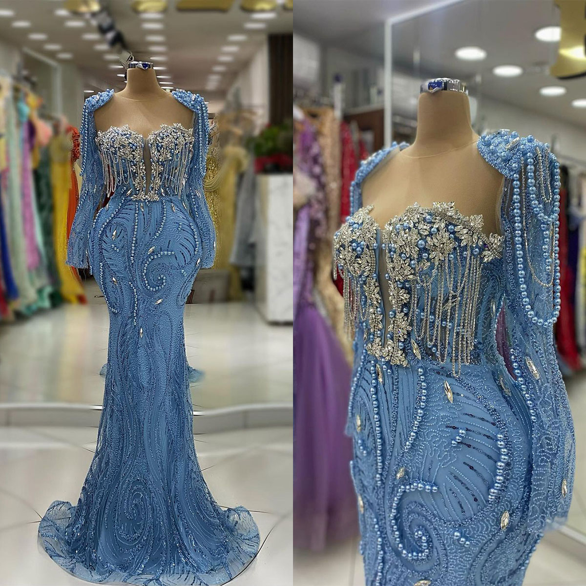 Exquisite Mermaid Prom Dresses Shoulder Pad Pearls Chains Beads Lace Sleeves Sweep Train Custom Made Plus Size Party Evening Dress Vestido De Noite 66