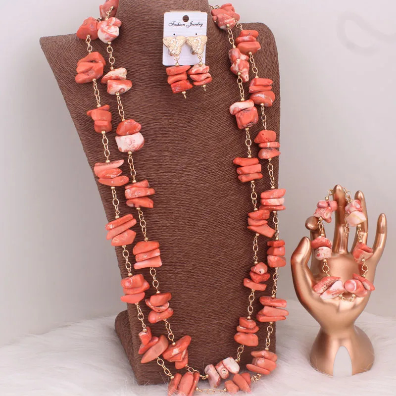 Dudo Orange Long n African Coral Beads Nigerian Womens Jewelry Set 241031