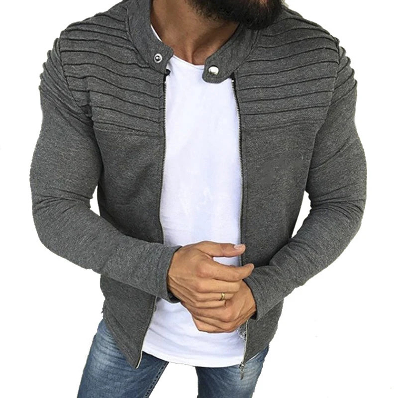 Autumn Sports Casual Men Jacket Mens Pleats Slim Stripe Fit Zipper Long Sleeve Coat Cardigan 241024